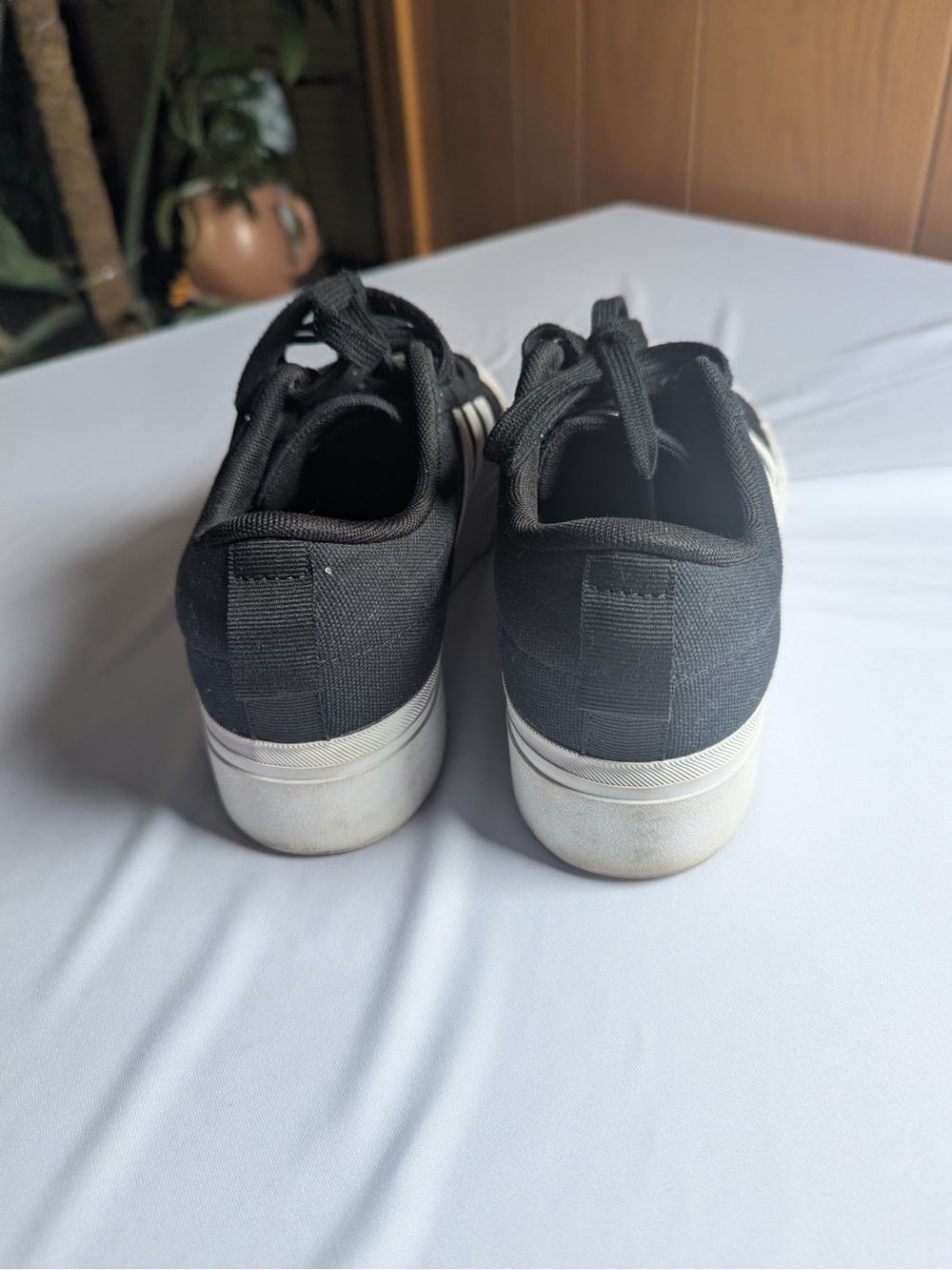Adidas women’s Black Canvas Low-Top Sneakers with White Stripes - Picture 3 of 7